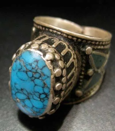 Turquoise Set in Inlaid Silver Ring