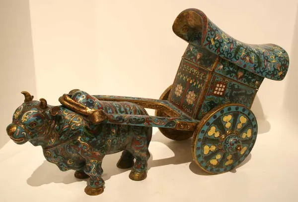 Cloisonné Sculpture of an Ox and Cart