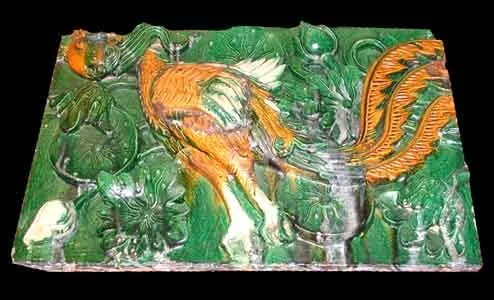 Ming Glazed Terracotta Temple Wall Tile Depicting a Phoenix