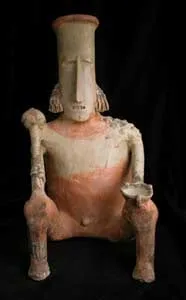 San Juanito Style Jalisco Terracotta Seated Man Holding a Club and Bowl