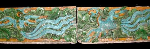 Pair of Ming Glazed Terracotta Temple Wall Tiles Depicting Phoenixes