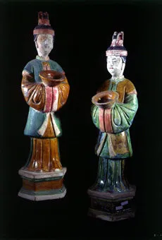 Pair of Ming Glazed Terracotta Attendants Holding Bowls