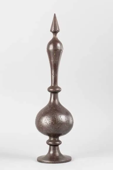 Gold damascened baluster shaped lidded bottle-shaped vessel