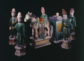 Set of Five Ming Glazed Terracotta Attendants, a Horse, and a Pagoda