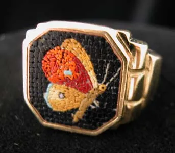 Gold Ring Classical Revival Micromosaic Depicting a Butterfly