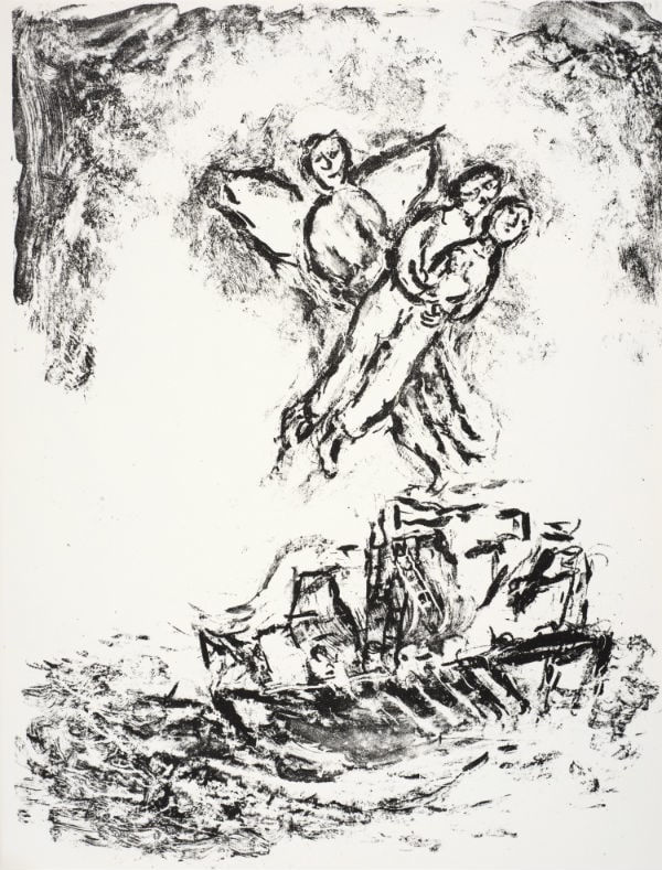 Marc Chagall, Ariel hovers above the ship, carrying the embracing lovers, 1975