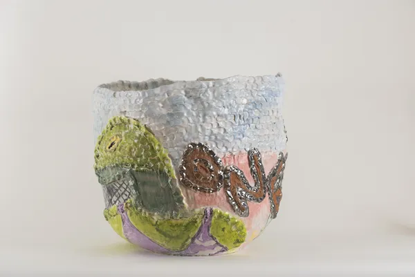 Armie Sungvaribud Eat that shit up, 2026 raku clay, mid-fire glaze, platinum lustre & copper oxide 51 x 53 x 53 cm (overall size)