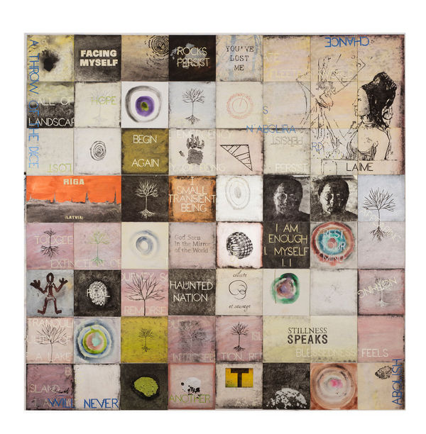 Imants Tillers Metaphysical Journey, 2024 acrylic, gouache on 64 canvasboards, nos. 116143 - 116206 243.8 x 243.8 cm