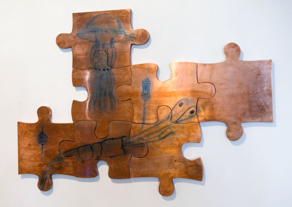 Barbie Kjar The Sea of Subterranean Delights, 2014 etching and ink on copper 71 x 101 x 2.3cm price on application copper pieces fabricated by Pat Hiller