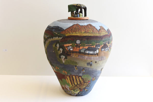 Beth Mbitjana Inkamala Early days at Glenn Helen, 2019 Terracotta and underglazes 48 x 40cm