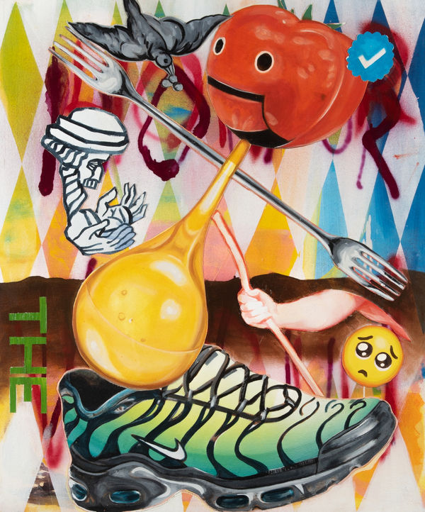 Robert O’Connor syntagms 18, 2022 oil on collaged canvas on board, framed 90 x 75cm