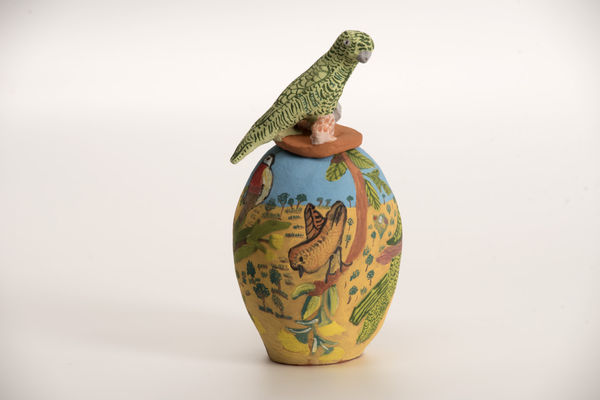 Rahel Kngwarria Ungwanaka Lyerrtjina (budgerigar), 2019 Terracotta and underglazes 21 x 13cm