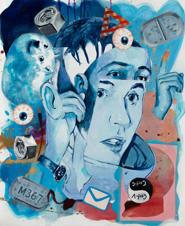 Robert O’Connor syntagms 54, 2022 oil on collaged canvas on board, framed 90 x 75cm