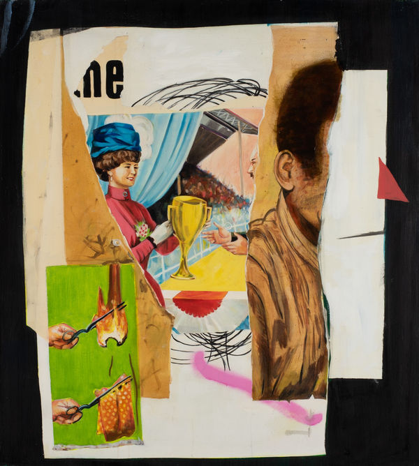 Robert O’Connor syntagms 52, 2022 oil on collaged canvas on board, framed 90 x 75cm