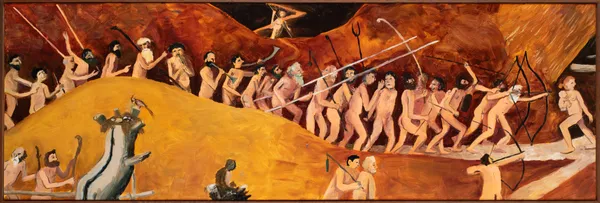 Leigh Rigozzi Landscapewith an Episode from the Conquest of America (sfter Jan Jansz Mostaert), 2026 oil on panel, framed 41.5 x 124 cm (frame size)