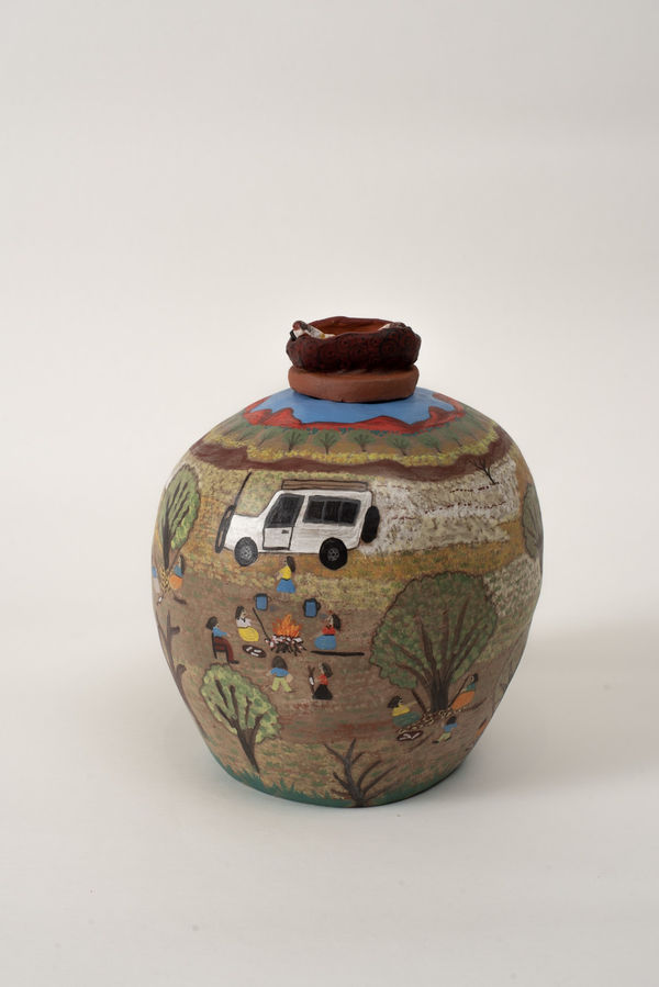 Alizha Coulthard Panangka Going hunting for tjaarpa (withchetty grubs), 2024 terracotta and underglazes 22 x 18 cm