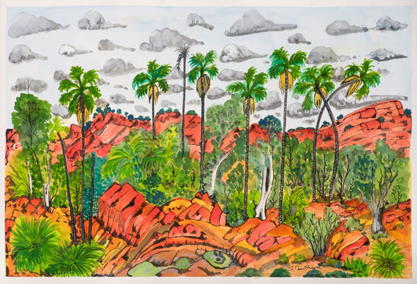 Selma Coulthard (Nunay) Alyape (Palm Valley) - before and after Stehlow project,, 2019 watercolour on paper 36 x 54cm