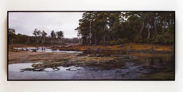 Stephanie Tabram Campsite, Lake King William , 2026 acrylic on linen, framed 77 x 183 cm (stretcher size)