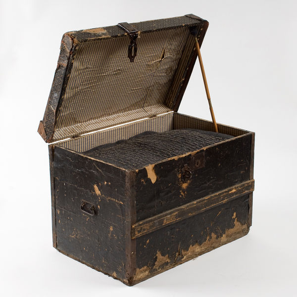 Julie Gough Missed: Sydney Gazette, 2 September 1804, 2011 found trunk, Tasmanian oak, blanket, pins & tea tree 86h x 67.5w x 52d cm (open)