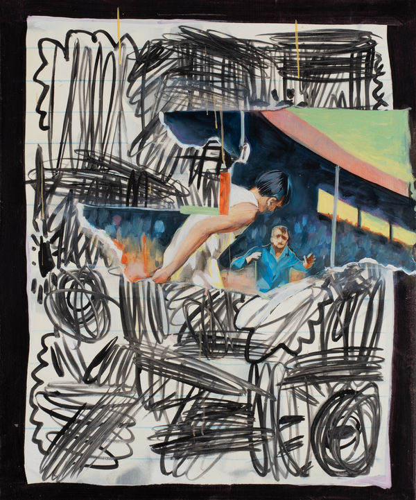 Robert O’Connor syntagms50, 2022 oil on collaged canvas on board, framed 90 x 75cm