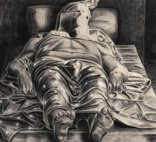 Stanley Février, Mene, mene, tekel, upharsin (d'après Andrea Mantegna) (tu as été pesé sur la balance et trouvé insuffisant), 2022