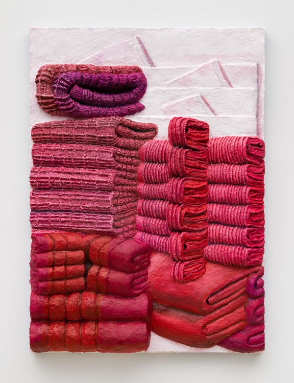 Gina Beavers Red towel totems, 2024 Oil, scrylic, putty, paper pulp, foam, and wood stain on panel 50 x 36 1/4 x 5 1/4 inches 127 x 92.1 x 13.3 cm (GBE.21133)