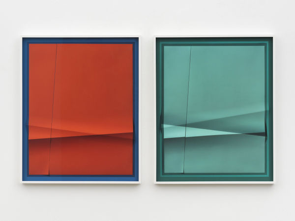 John Houck, Accumulator #29, 2 Colors Each #1C5B8E, #C05239, 2019