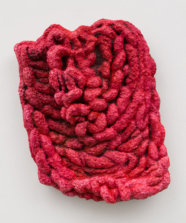 Gina Beavers Adyrescia chenille knit blanket throw, 2024 Oil, acrylic, putty, paper pulp, and wood stain on panel 27 x 22 1/2 x 4 1/4 inches 68.6 x 57.1 x 10.8 cm (GBE.21141)