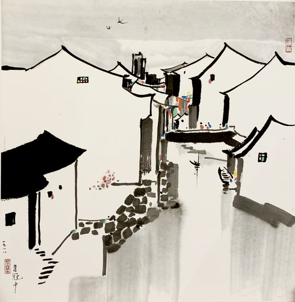 Wu Guanzhong 吳冠中, Households Around a Small Bridge 小橋人家, 1988