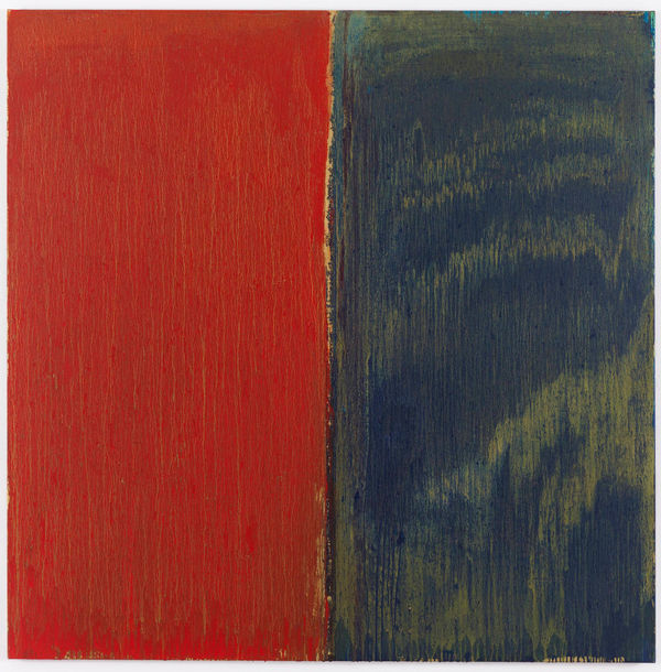 Pat Steir, SIX FOOT SQUARE GREEN, GOLD, RED AND BLUE SEVERAL TIMES OVER, 2012