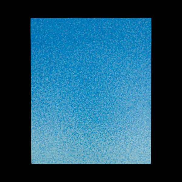 Acrylic painting D013, 2025 by Cyrielle Gulacsy, showing a densely dotted blue gradient on wood, shifting from light to deep tones.
