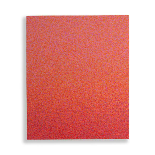 Acrylic painting D012, 2025 by Cyrielle Gulacsy, showing a densely layered red-orange pointillist surface on wood.