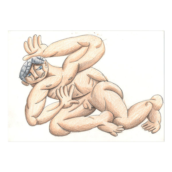 Coloured pencil drawing of a nude male figure twisting inwards with one arm raised.