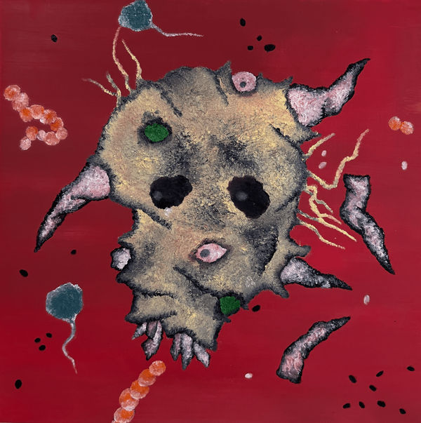 Merveille Kelekele Kelekele, Je suis fatigué, mes yeux aussi, c'est la dernière peinture, il est 3h du matin, je vois des crânes volés dans l'air, mais je n'ai pas sommeil…, 2024