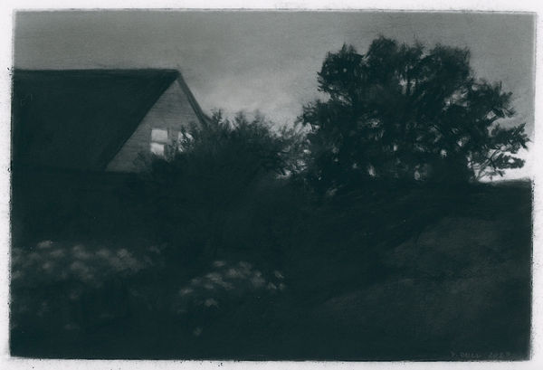 charcoal drawing of roofline agains the sky with tree