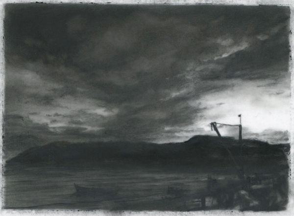 Dozier Bell Monhegan, dock, 2019 charcoal on Mylar 3.25 x 4.5 inches (BELL 22)