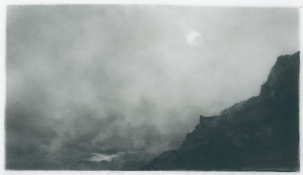 charcoal drawing with hillside and distant landscape through mist