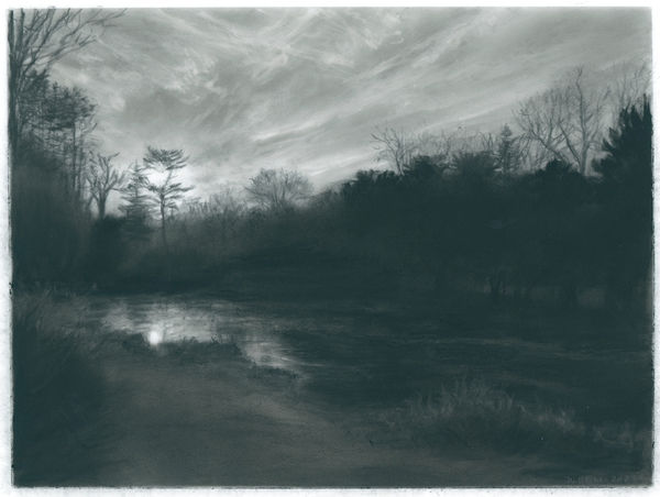 charcoal drawing of tree-lined river and dramatic sky