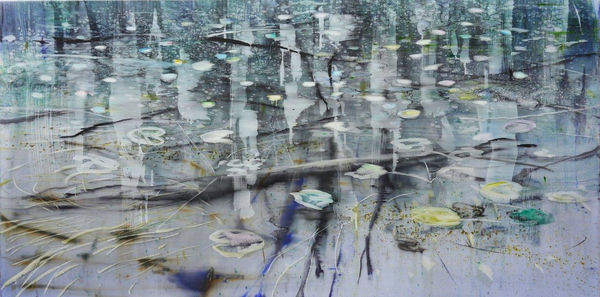abstracted image of pond in blues and greens