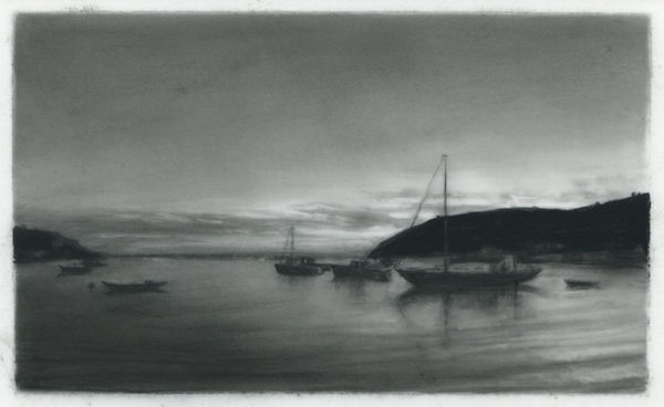 Dozier Bell Monhegan Harbor, 2020 charcoal on Mylar 3.5 x 5.5 inches (BELL 47)