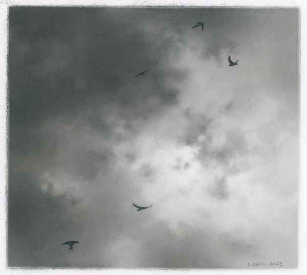 charcoal drawing of sky with birds silhouetted against the clouds