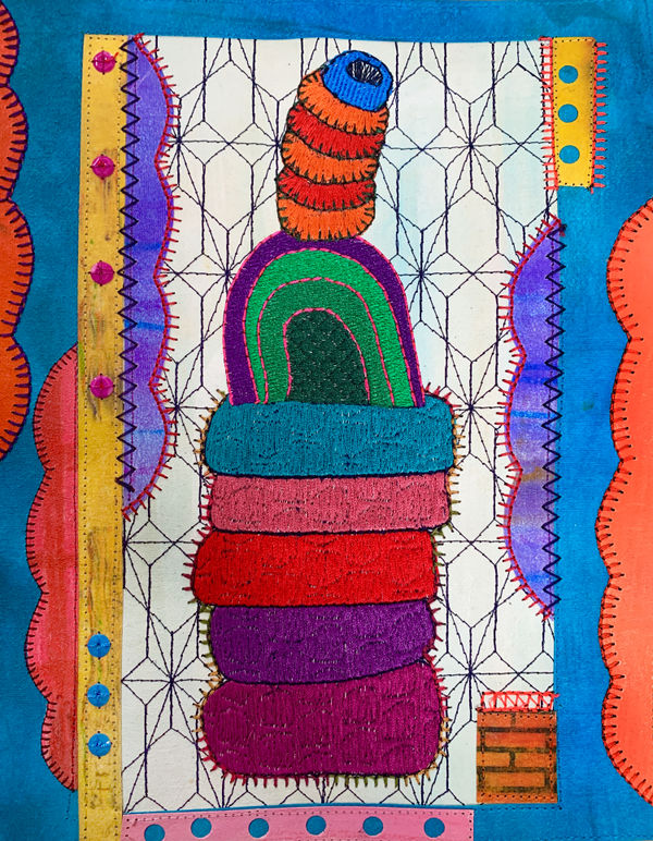 Leslie Giuliani Tower of Power, 2021 Embroidery and sequins on encaustic on microfiber 10 x 8 inches (GUILIANI 8)