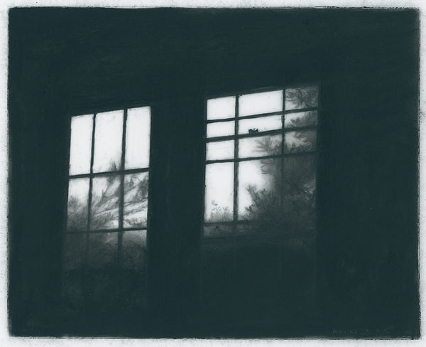 charcoal drawing of interior looking out through paned windows