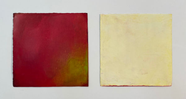 two panel work on paper -- left dark red and green, right cream