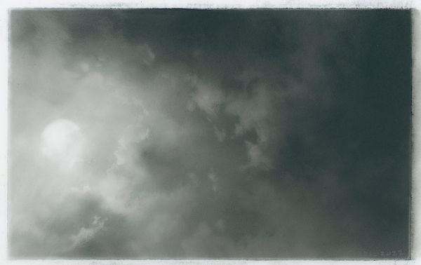 charcoal drawing of sun through clouds