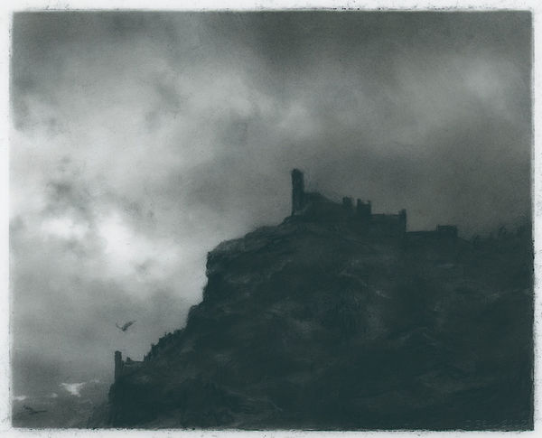 charcoal drawing of hillside with ruins on top. Cloudy sky.