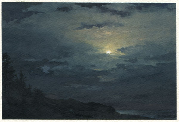 Dozier Bell Monhegan harbor, sunset, 2020 watercolor on paper 3.5 x 9.25 inches