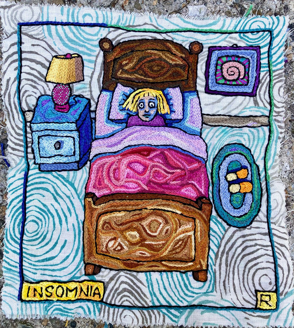 Roz Chast Insomnia, 2021 hand embroidery 12.5 x 12.5 inches (CHAST 334)