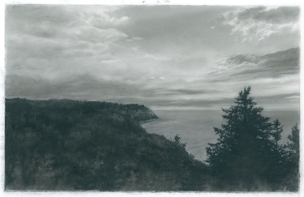 charcoal drawing of cliffside against the ocean