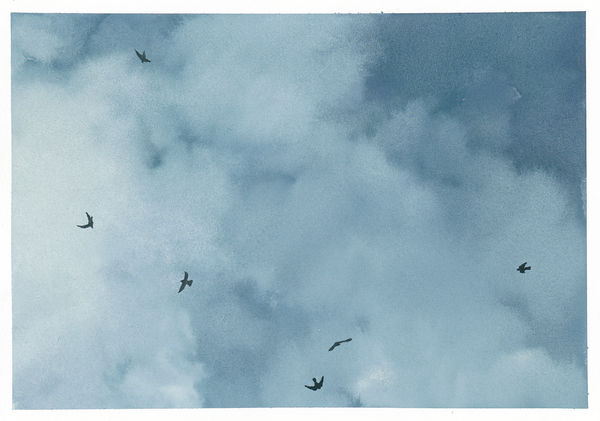 watercolor of sky with birds silhouetted against the clouds